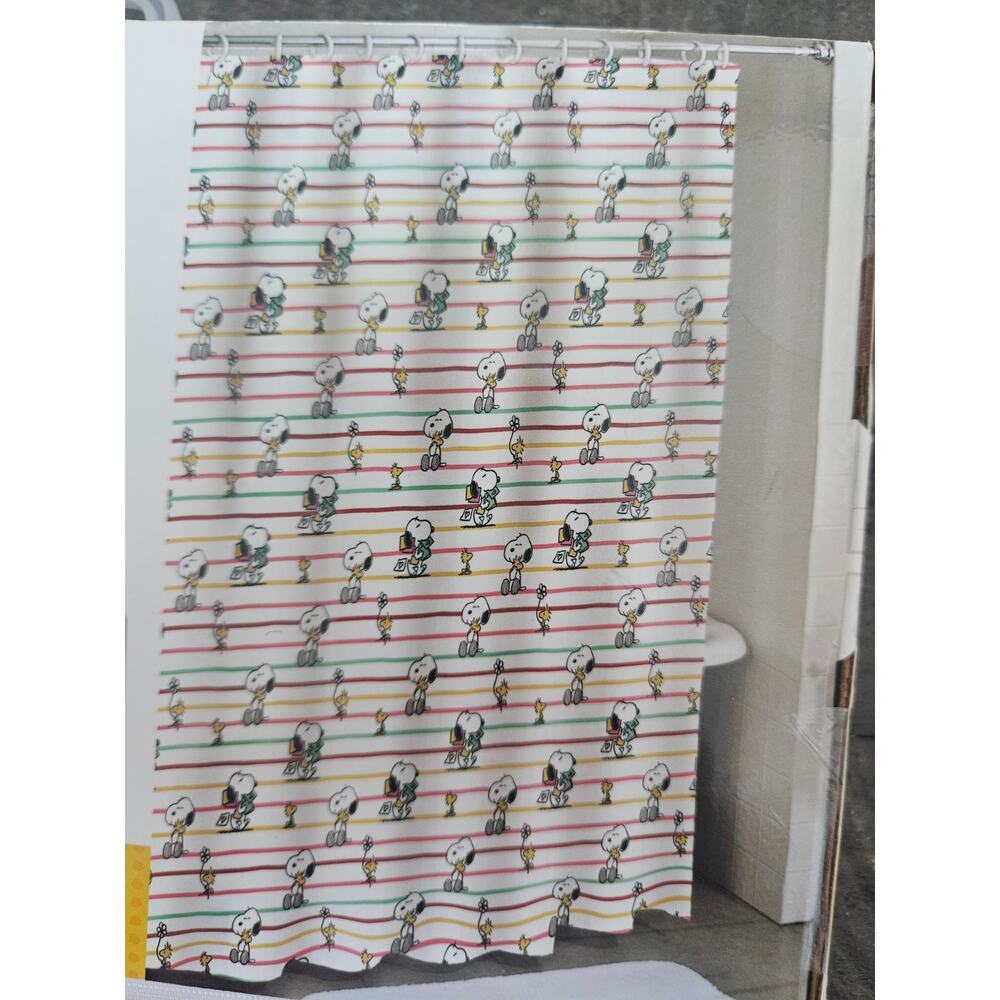 Peanuts Fabric Shower Curtain 72 x 72 NWT Snoopy Woodstock Stripes Pink Red